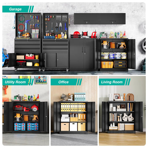 Heavy Duty Metal Storage Cabinet With Locking Doors And Adjustable Shelves For Office Workshop Or Kitchen Built Tough All Steel Construction Reinforced Welded Frame Secure Locking Tool Cabinets 36 Inches High in various room settings.