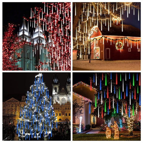 Outdoor Meteor Shower LED Lights 540 LEDs Across 10 Tubes 19.7 Inch Waterproof Icicle String Lights on buildings and trees