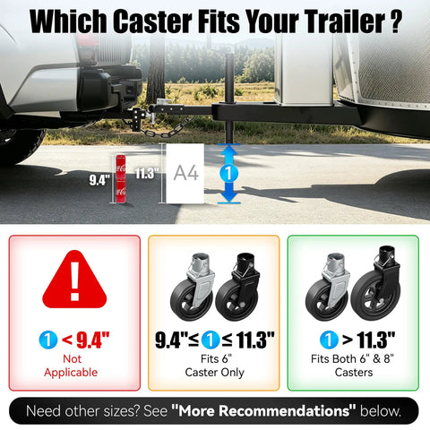 Tough As Nails 2000 Lbs Trailer Jack Swivel Caster Replacement with size reference for compatible trailer fittings.