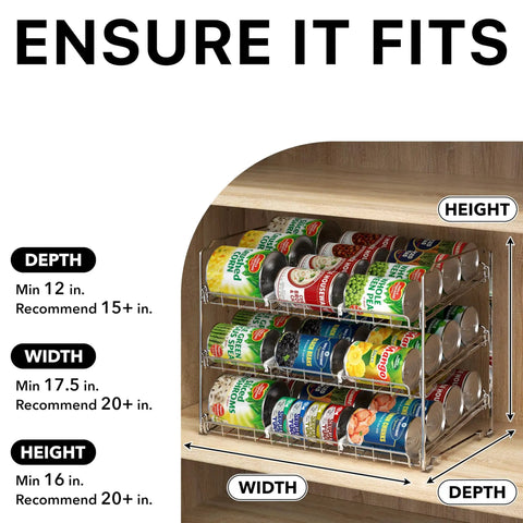 Solid As Rocks 3 Tier Stackable Can Organizer Rack Holds 36 Cans Chrome fits standard kitchen shelf dimensions.