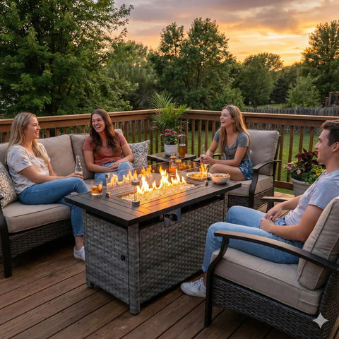 44 Inch Outdoor Fire Pit Table With Wind Guard And Auto Ignition Propane Gas Fire Pit 60,000 BTU Gray Rattan Rectangular Table For Patio