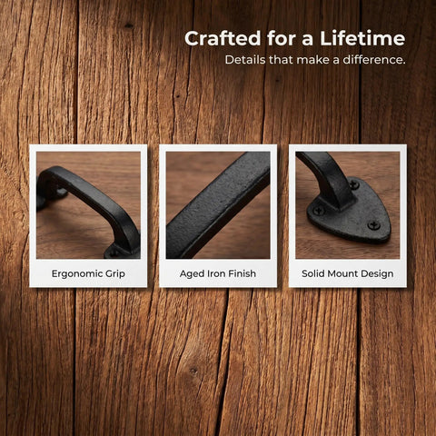 Heavy Duty Rustic Barn Door Handles Set Of 3 Cast Iron Gate Pulls With Aged Iron Finish and ergonomic grip details