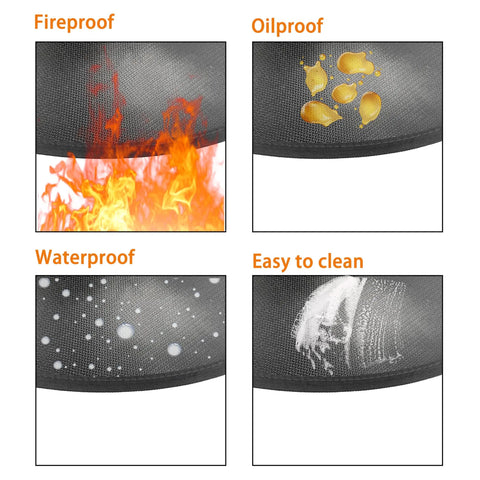Heat Resistant Fire Pit Mat For Deck And Tabletop 25 By 17 Inch Waterproof Oilproof Heavy Duty 4 Layer Pad that protects from fire, oil, water, and is easy to clean