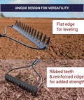 Bow Rake With Fiberglass Shaft For Tough-As-Nails Yard Work And Landscaping, dual view showing flat edge and ribbed teeth features.