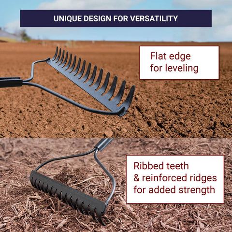 Bow Rake With Fiberglass Shaft For Tough-As-Nails Yard Work And Landscaping, dual view showing flat edge and ribbed teeth features.