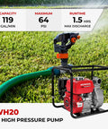 Heavy Duty 2 Inch High Pressure Water Pump For Yard Drainage With Straight Up Badass Performance Built To Crush Flooded Ground And Clean Garden Beds Fast Wh20xtaf Model in black housing with specs.