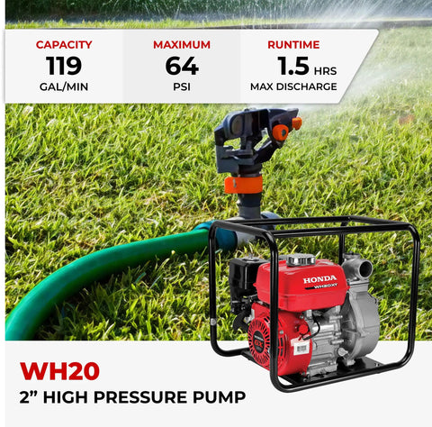 Heavy Duty 2 Inch High Pressure Water Pump For Yard Drainage With Straight Up Badass Performance Built To Crush Flooded Ground And Clean Garden Beds Fast Wh20xtaf Model in black housing with specs.