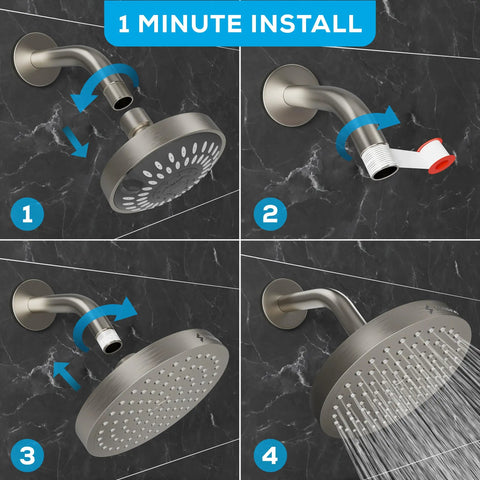 High Pressure Rain Shower Head With No Tools Needed Easy Install, Luxury Brushed Nickel 6 Inch Round, Adjustable Water Spray