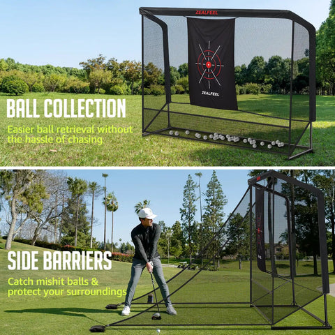 10x7ft Golf Simulator Enclosure Net With Side Barriers set up on grass, with target cloth, showing ball collection and safety features.