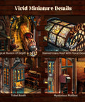 Close-up view of Led 3D Puzzle Magic Station Book Nook Kit With Interactive Wooden Miniatures showing train, stained glass roof, ticket booth, and mailbox.