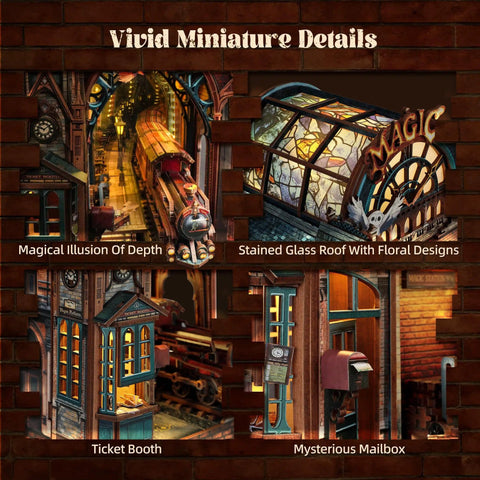 Close-up view of Led 3D Puzzle Magic Station Book Nook Kit With Interactive Wooden Miniatures showing train, stained glass roof, ticket booth, and mailbox.