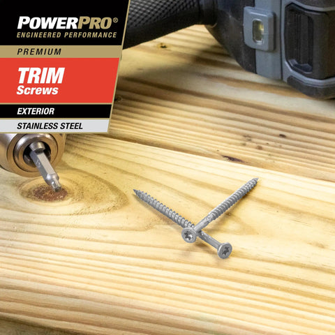 Premium 305 Stainless Steel Trim Screws Size 8 X 2-1/2 Inch One Pound Box shown with star drive on wood board