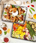 Heavy Duty Baking Sheet Set Of 3 For Home Bakers Commercial Grade Stainless Steel Cookie Sheets with roasted vegetables and chicken