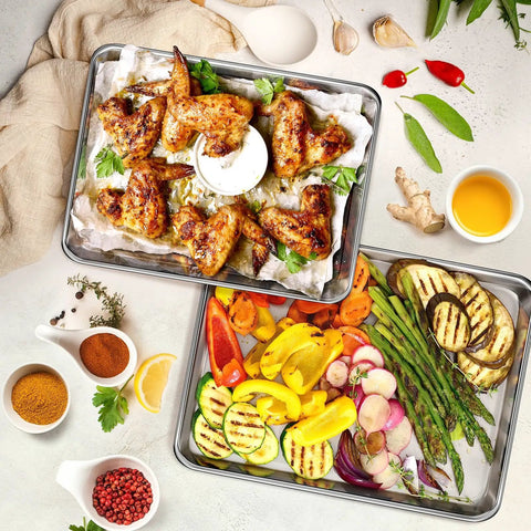 Heavy Duty Baking Sheet Set Of 3 For Home Bakers Commercial Grade Stainless Steel Cookie Sheets with roasted vegetables and chicken