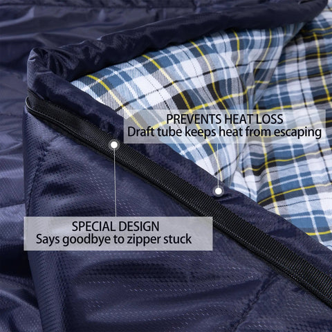 Ultra Roomy Adult Sleeping Bag For Cold Weather Navy Blue With Right Zip 0F Extreme Temperature close-up flannel lining
