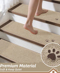 Non Slip Stair Treads For Wooden Steps 28x9 Inches Indoor Carpet Stair Runner Machine Washable Soft Polyester Mats With TPE Backing 15 Pack Beige Kid And Pet Friendly showing paw print design