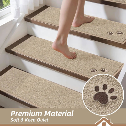 Non Slip Stair Treads For Wooden Steps 28x9 Inches Indoor Carpet Stair Runner Machine Washable Soft Polyester Mats With TPE Backing 15 Pack Beige Kid And Pet Friendly showing paw print design