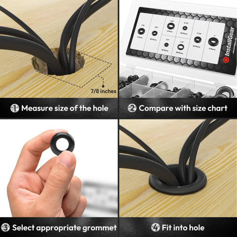 180 Piece Rubber Grommet Kit Assorted Eight Sizes For Automotive Wiring One Quarter Inch To One Inch Perfect For Do It Yourself Car Projects And Wire Protection With Flexible Durable Grommets shown in use with wires through wood panel.