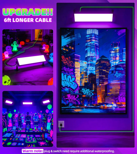 120W IP66 Waterproof Black Light with Plug Switch 6ft Cord illuminating room with neon posters and glow decorations