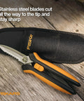 Multipurpose 8 Inch Garden Shears With Sheath And Soft Grip Handle Pruning Scissors For Gardening Serrated Edge And Wire Cutter shown with sheath on wooden surface.
