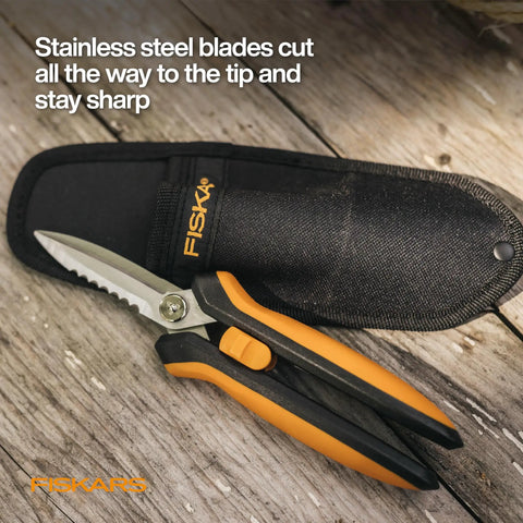 Multipurpose 8 Inch Garden Shears With Sheath And Soft Grip Handle Pruning Scissors For Gardening Serrated Edge And Wire Cutter shown with sheath on wooden surface.