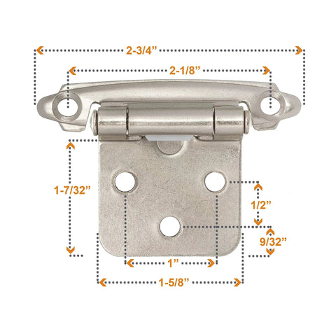 Diagram of Slick Self-Closing Brushed Nickel Cabinet Hinges For Kitchen Cabinets And Doors, 10 Pair, 20 Pieces, One Half Inch Overlay