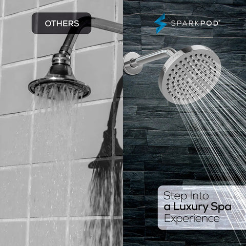 Comparison of two shower heads showcasing the 6 Inch Rain Shower Head With 9 Inch Shower Arm High Pressure Rainfall For A Strong Water Flow