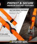 SmartStraps 14Ft Premium Ratchet Strap Set 4 Pack with soft-tie loop and self-securing fastener near vehicle tire on driveway
