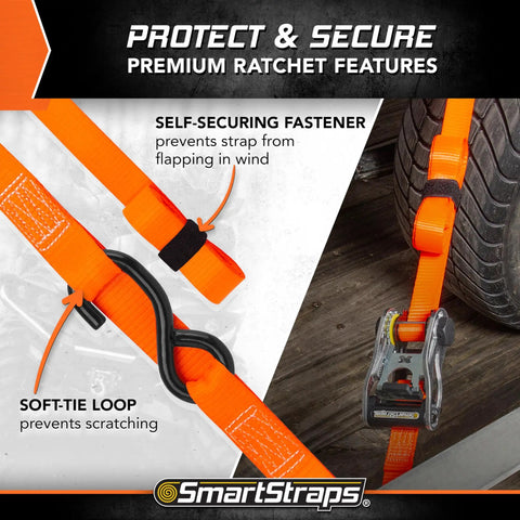 SmartStraps 14Ft Premium Ratchet Strap Set 4 Pack with soft-tie loop and self-securing fastener near vehicle tire on driveway