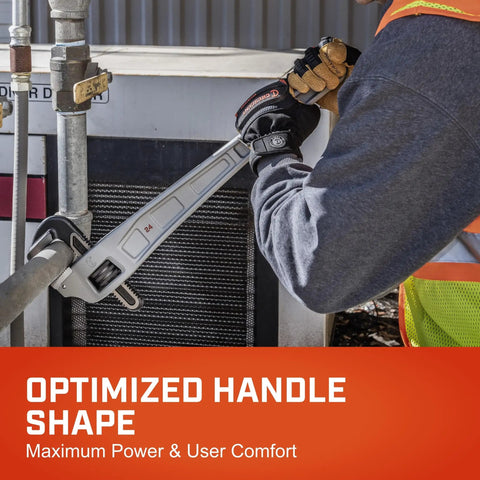 Offset Handle Aluminum Pipe Wrench For Tight Spaces Go-To Heavy Duty Plumber Tool 24 Inch Adjustable Wrench being used