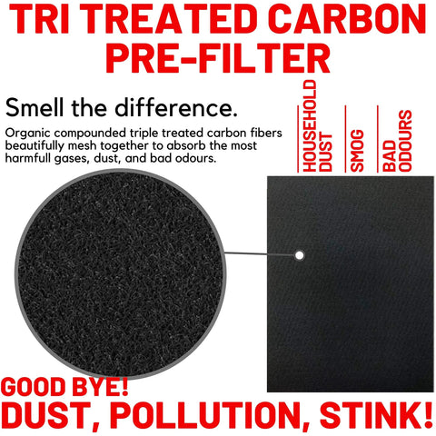 Tri-treated carbon pre-filter for Beefed Up Replacement Filter Pack For Honeywell HPA Series Air Purifiers with household dust, smog, bad odours chart.