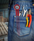 Pro Shop Quality Woodworking Compass Scriber With A 360 Degree Swivel Joint visible in pocket with tools on denim.