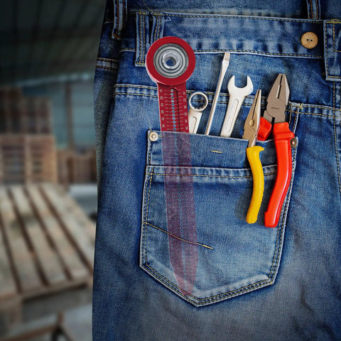 Pro Shop Quality Woodworking Compass Scriber With A 360 Degree Swivel Joint visible in pocket with tools on denim.