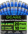 Cat6 Ethernet Cable Pack 20 Count 10 Ft Patch Cables With Snagless Gold Plated RJ45 Connectors Beefy Pro Grade Network Cables