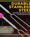 Extendable 32 Inch Marshmallow Roasting Sticks with wooden handles and durable stainless steel, shown extending in fire pit setting.