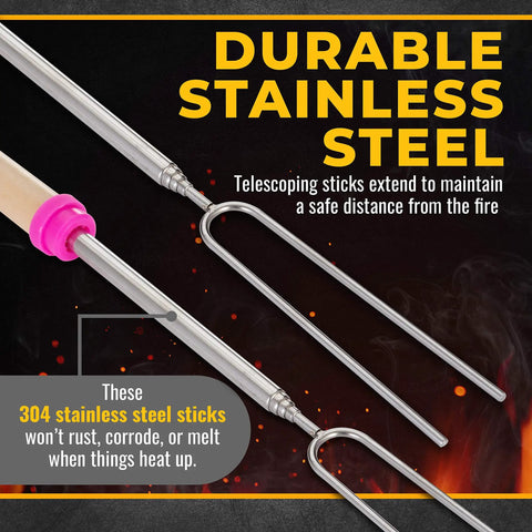 Extendable 32 Inch Marshmallow Roasting Sticks with wooden handles and durable stainless steel, shown extending in fire pit setting.