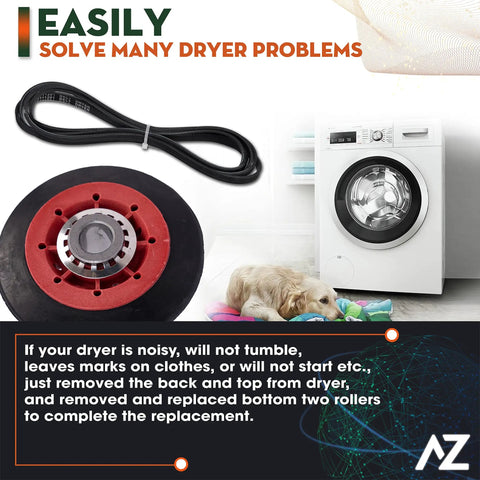 Must Have Dryer Repair Kit With Belt, Drum Rollers And Idler Pulley For 3000 Series Dryers, displayed with washer
