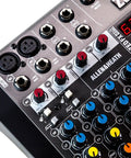 Top view of Six Channel Compact Live Mixer with Guitar DI High Impedance Inputs and GS Pre Preamps, durable metal chassis visible