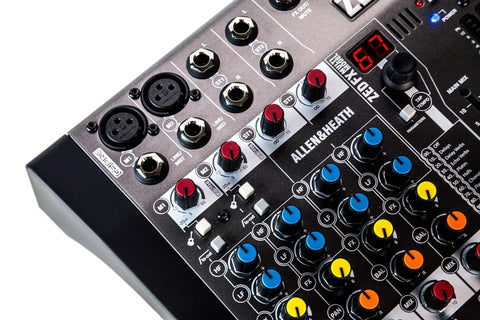 Top view of Six Channel Compact Live Mixer with Guitar DI High Impedance Inputs and GS Pre Preamps, durable metal chassis visible