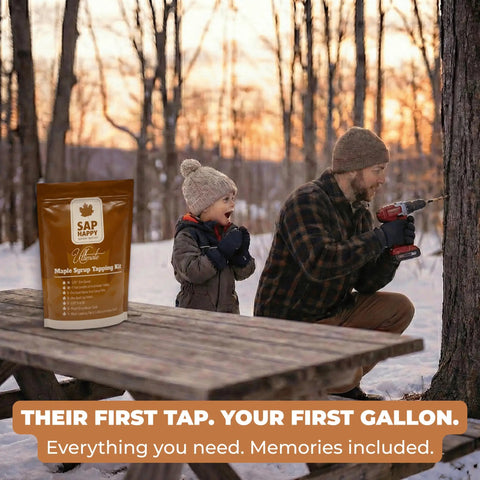 Slick Maple Syrup Tapping Kit With Ten Heavy Duty Spiles Precision Drill Bit And Three Foot Tubing Drops for beginners, featuring a man drilling into a tree.