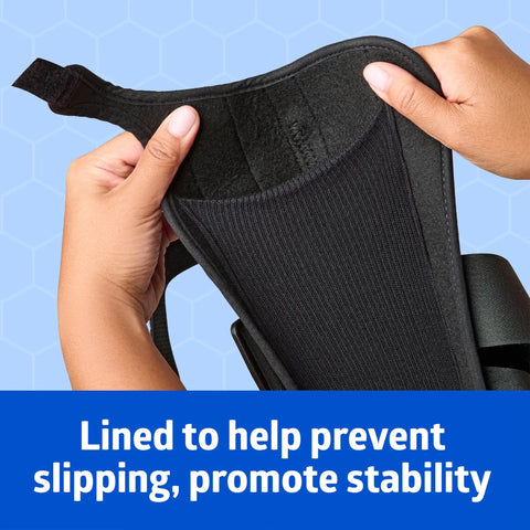 Hands holding Slip On Wrist And Forearm Splints for Right Arm, Medium, 10 Inch, showing inner lining and hook and loop straps