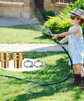Child playing with hose and a Four Set Three Quarter Inch Solid Brass Garden Hose Mender Kit With Eight Stainless Steel Clamps Eight Rubber Gaskets And One Roll Tape overlayed.