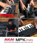 MPK Mini MK3 25 Key USB MIDI Keyboard Controller with 8 backlit drum pads and knobs in use in various settings.
