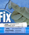Pool Putty 2 Part Set For Easy DIY Pool And Spa Repairs Underwater Or Above Surface Leaks product image with resin and hardener tubes