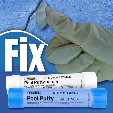 Pool Putty 2 Part Set For Easy DIY Pool And Spa Repairs Underwater Or Above Surface Leaks product image with resin and hardener tubes
