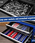 Slick Magnetic Socket And Wrench Organizer Tray Locks Your Gear Down Solid For No Sweat Garage Storage Steel Surface Mount Rack with organized sockets.