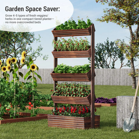Vertical Wooden Five Tier Garden Bed With Five Planter Boxes Freestanding Plant Stand for Herbs Flowers in a garden