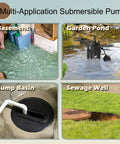 Beefy Three Quarter Hp Stainless Steel Submersible Sump Pump Delivers Thirty Six Hundred Gph With Auto Or Manual Mode And A Twenty Six Foot Cord To Tackle Basement Flooding Cellar Draining Pool Pond Garden And Hot Tub Water Cleanup Like A Boss in various applications such as basement, garden pond, sump basin, and sewage well.