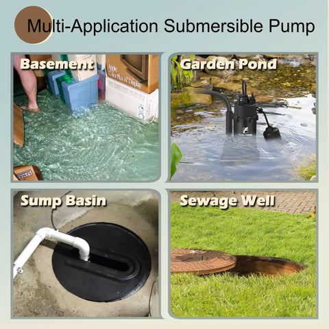Beefy Three Quarter Hp Stainless Steel Submersible Sump Pump Delivers Thirty Six Hundred Gph With Auto Or Manual Mode And A Twenty Six Foot Cord To Tackle Basement Flooding Cellar Draining Pool Pond Garden And Hot Tub Water Cleanup Like A Boss in various applications such as basement, garden pond, sump basin, and sewage well.