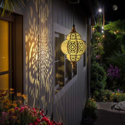 Hanging Solar Lanterns for Outdoor Decor Bronze Waterproof Garden Lights with Moroccan Style Plastic Design illuminating patio